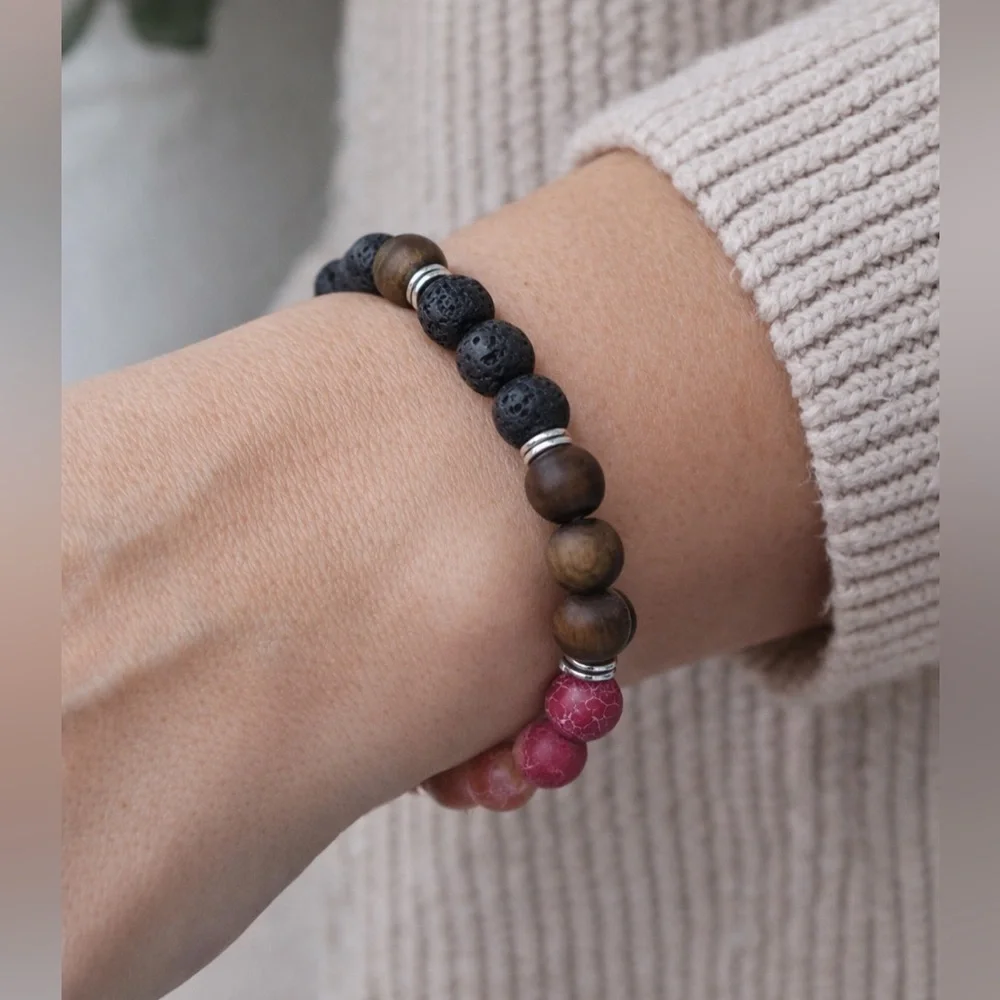 Natural Stone Beaded Bracelet – Lava Rock, Wooden & Pink Crackle Agate